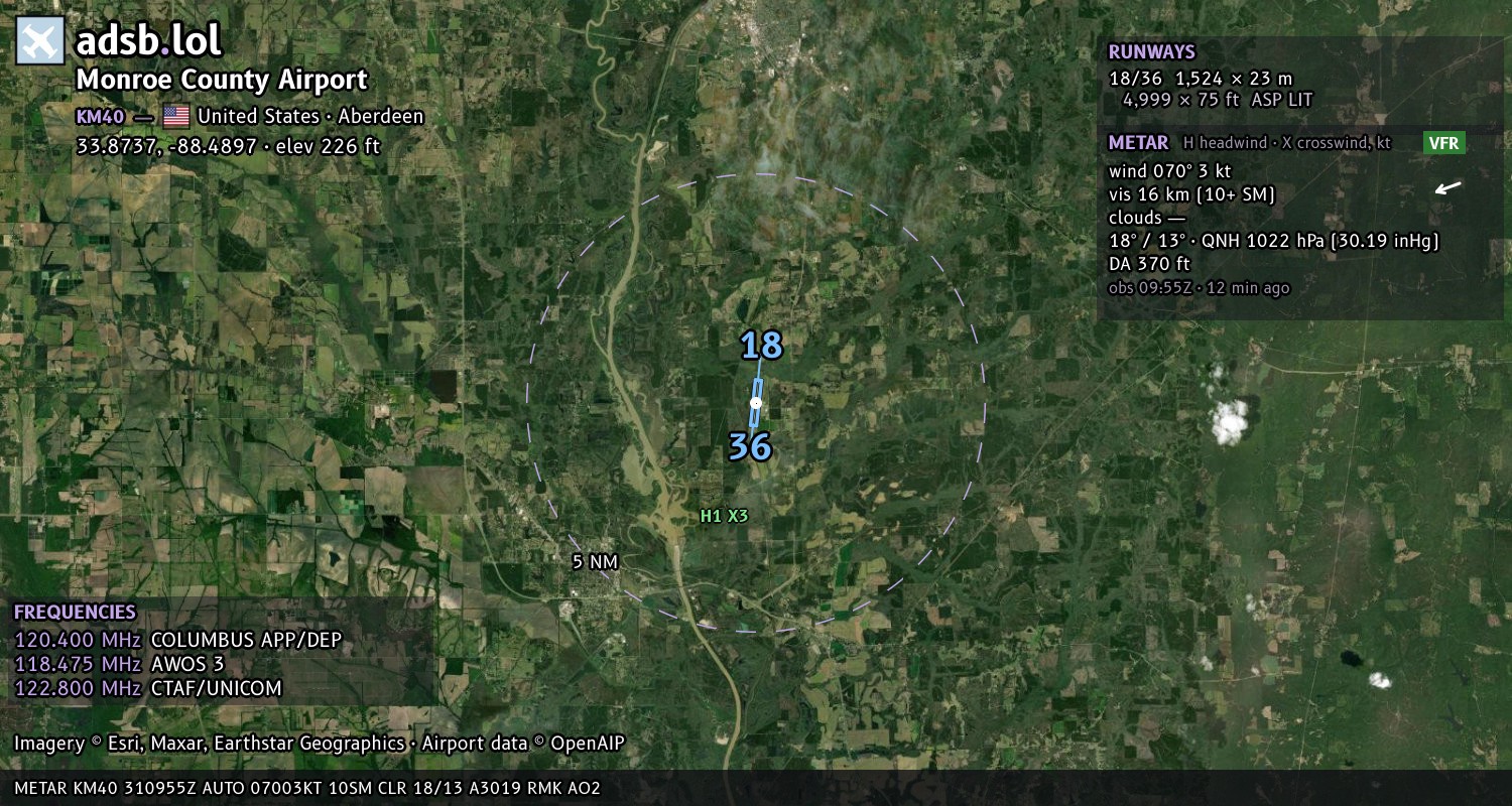 Satellite map with the runway layout of Monroe County Airport (KM40)