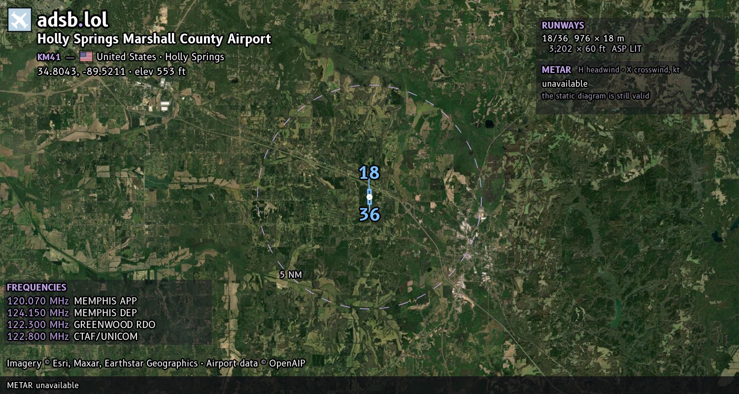 Satellite map with the runway layout of Holly Springs Marshall County Airport (KM41)