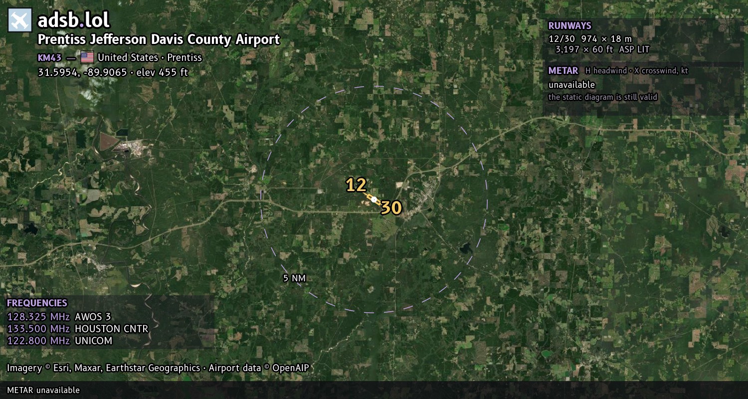 Satellite map with the runway layout of Prentiss Jefferson Davis County Airport (KM43)