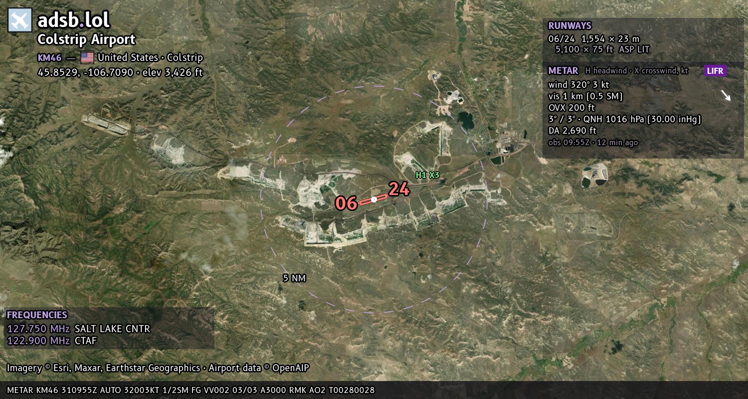 Satellite map with the runway layout of Colstrip Airport (KM46)