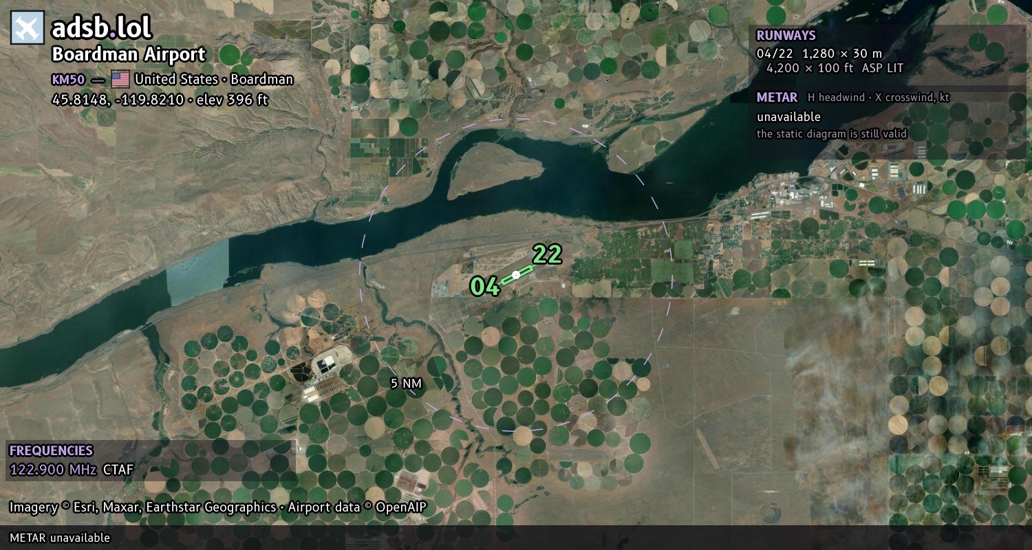 Satellite map with the runway layout of Boardman Airport (KM50)
