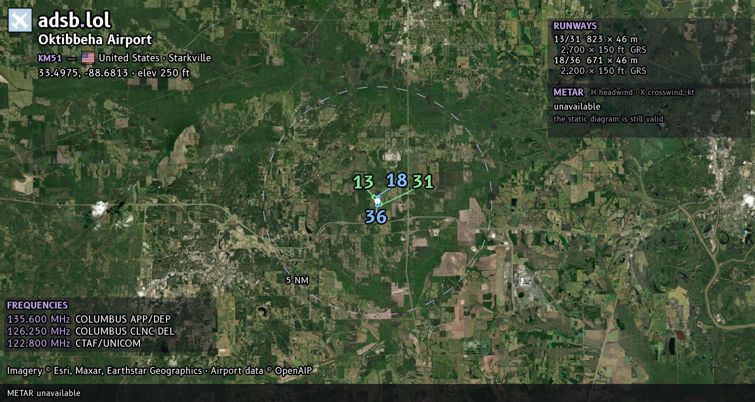 Satellite map with the runway layout of Oktibbeha Airport (KM51)