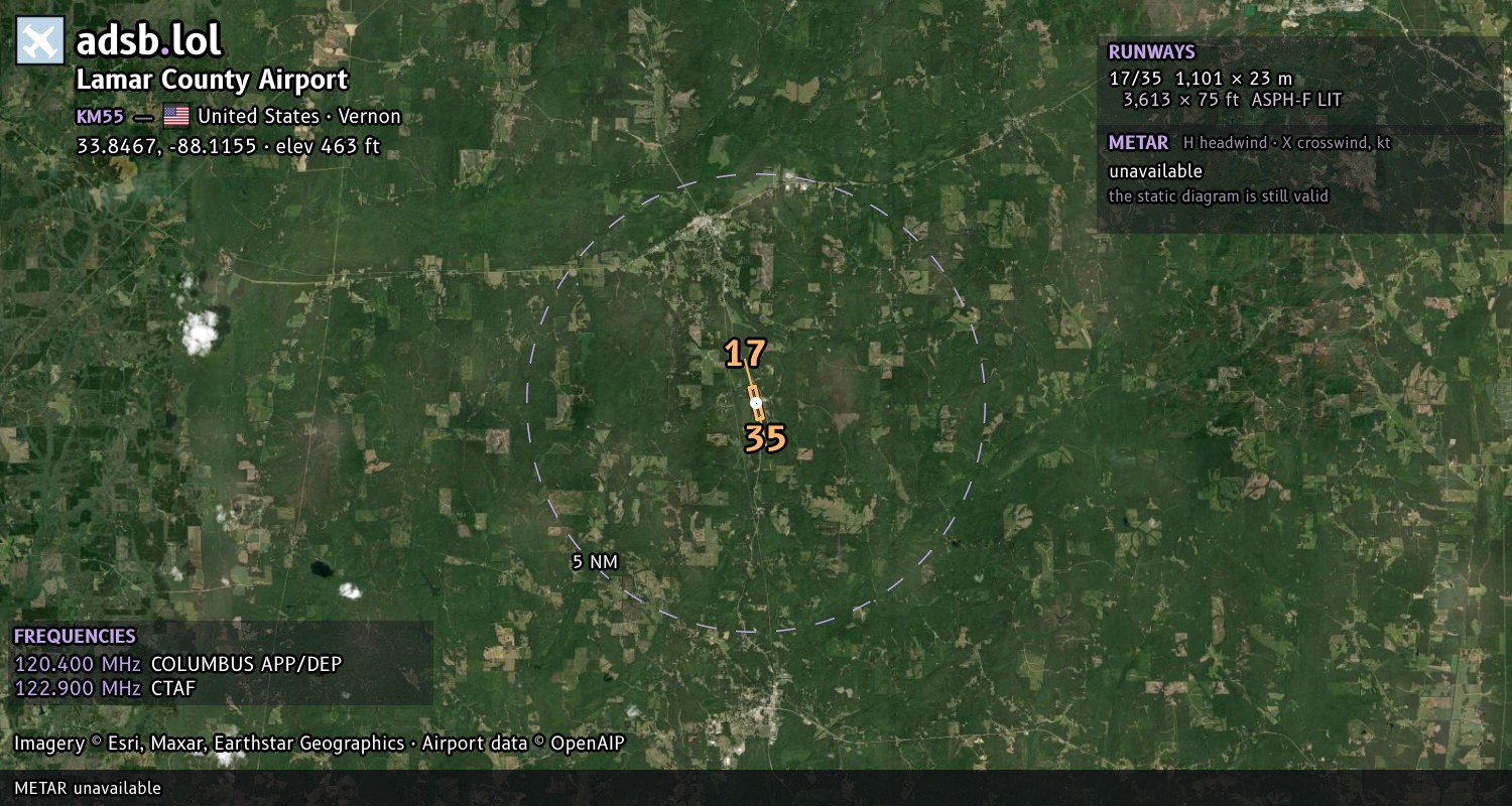 Satellite map with the runway layout of Lamar County Airport (KM55)