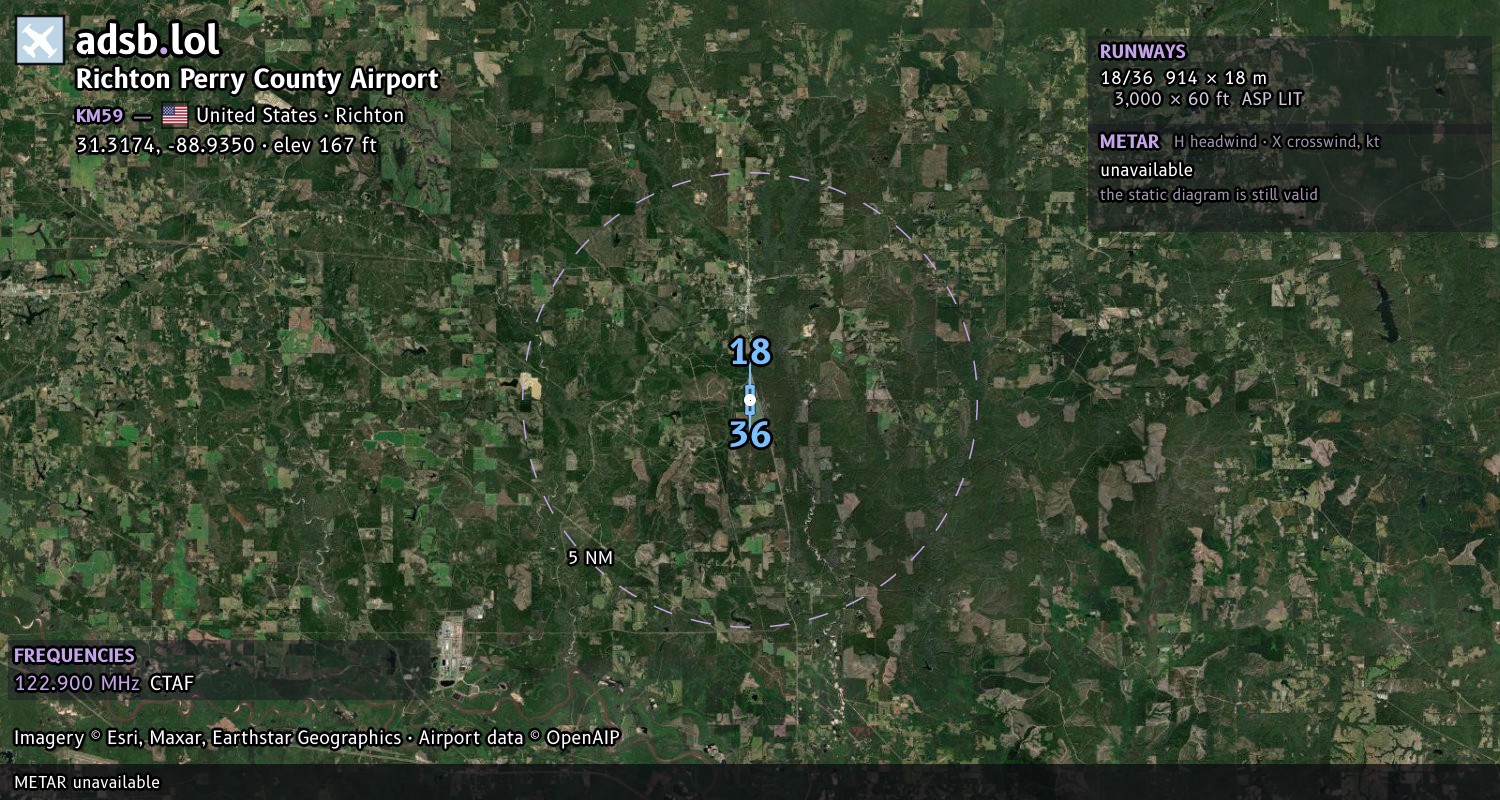 Satellite map with the runway layout of Richton Perry County Airport (KM59)