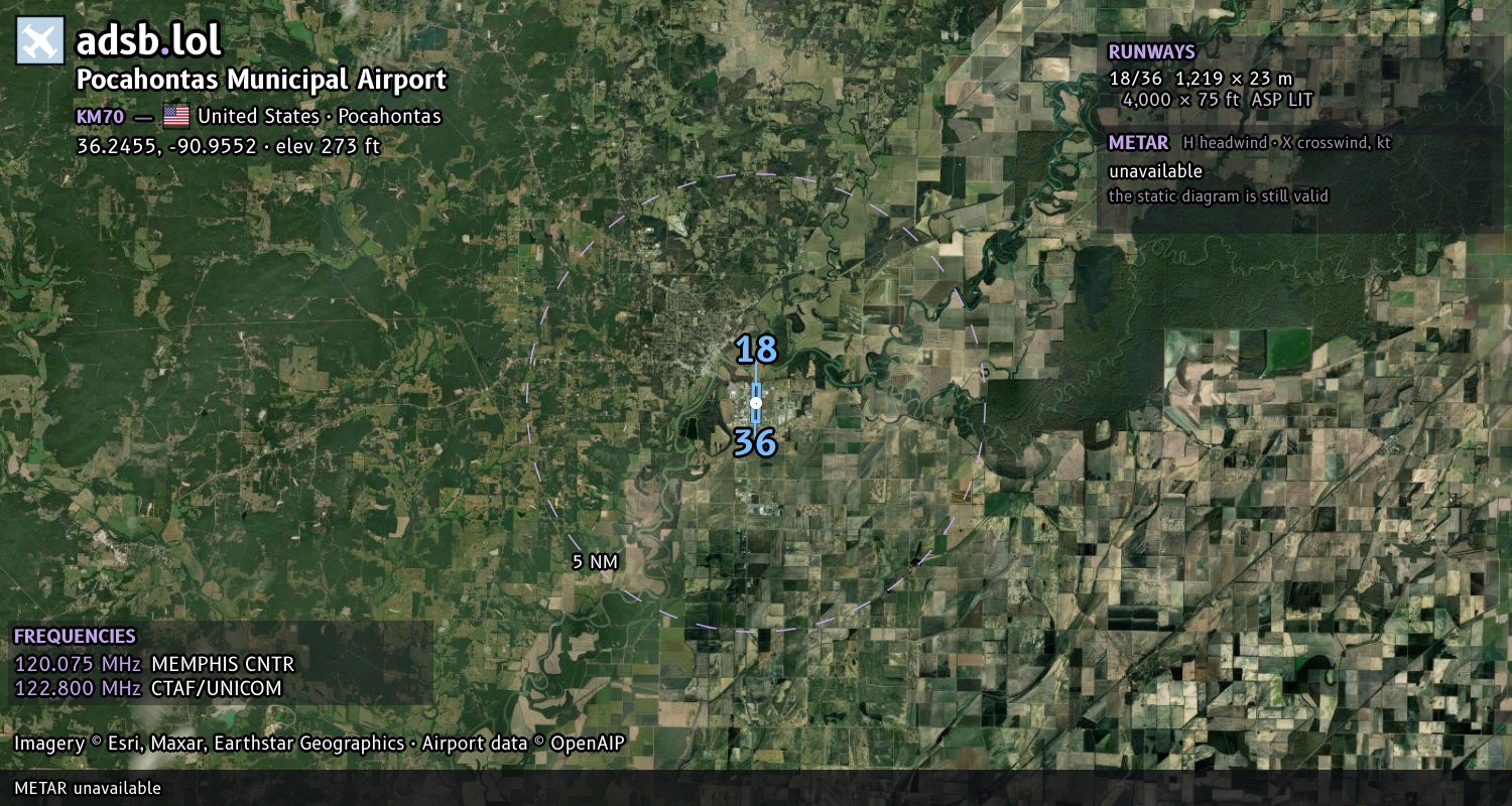 Satellite map with the runway layout of Pocahontas Municipal Airport (KM70)