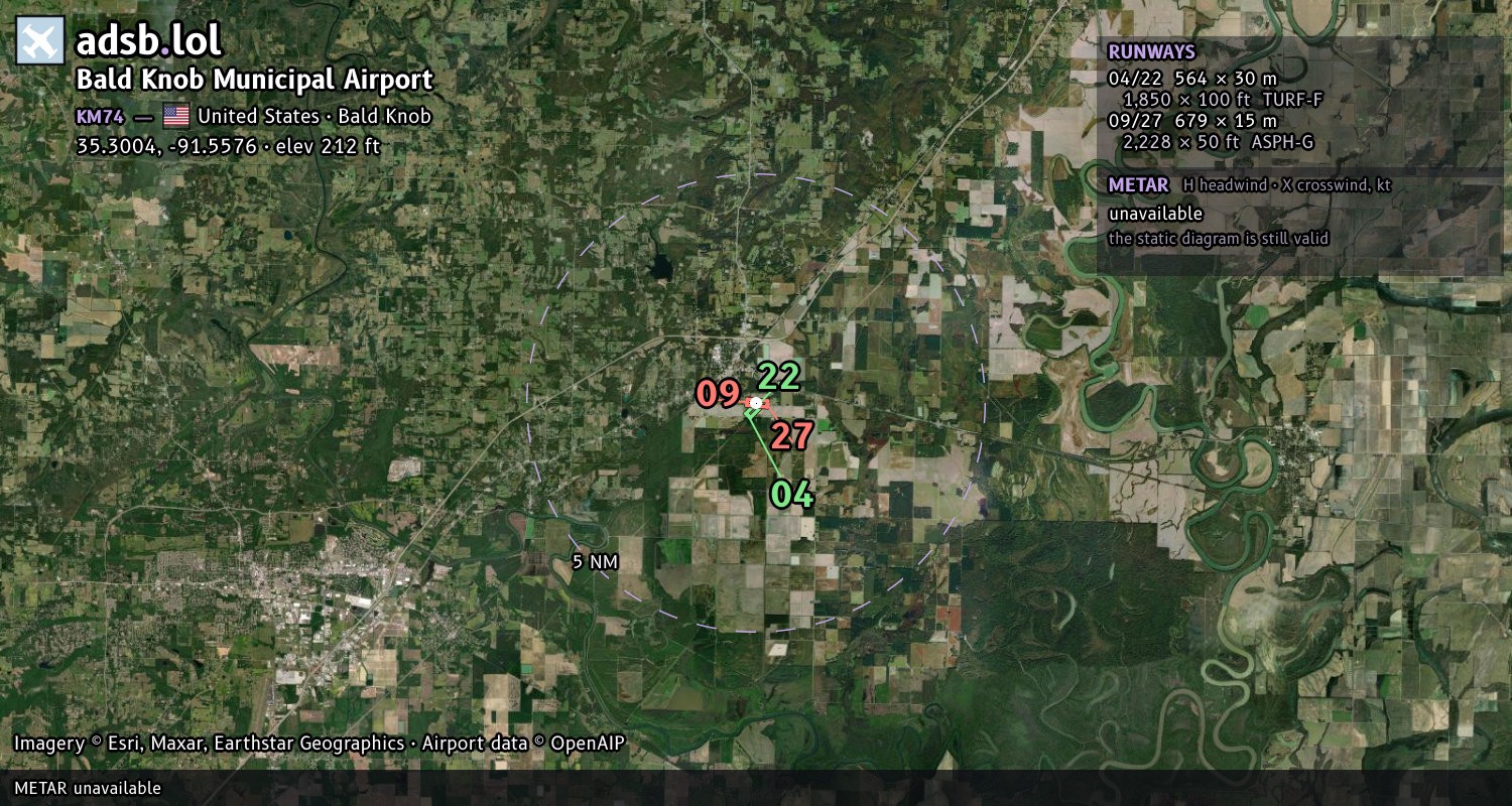 Satellite map with the runway layout of Bald Knob Municipal Airport (KM74)