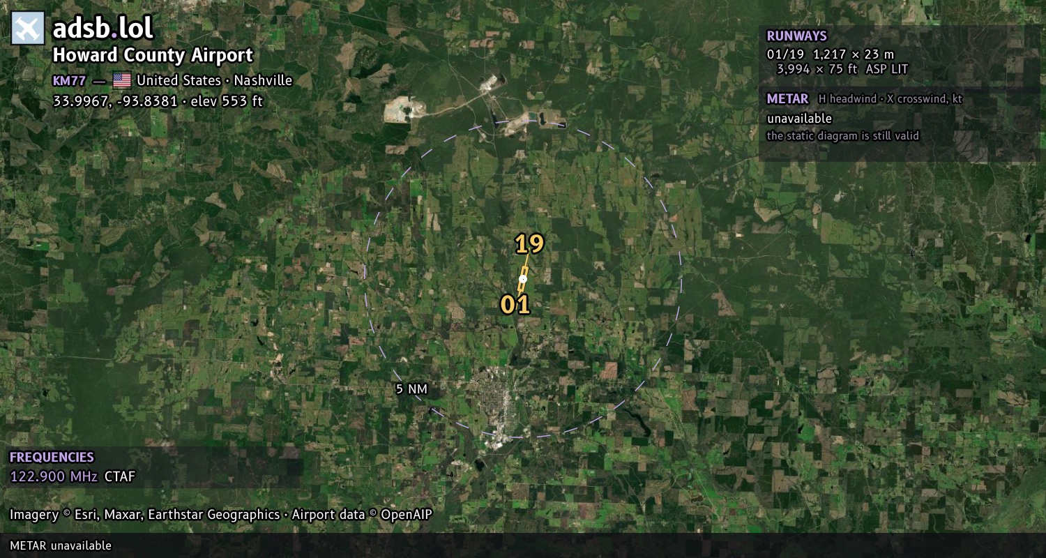 Satellite map with the runway layout of Howard County Airport (KM77)