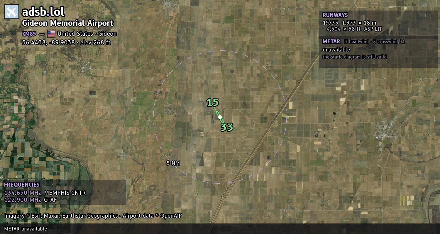Satellite map with the runway layout of Gideon Memorial Airport (KM85)