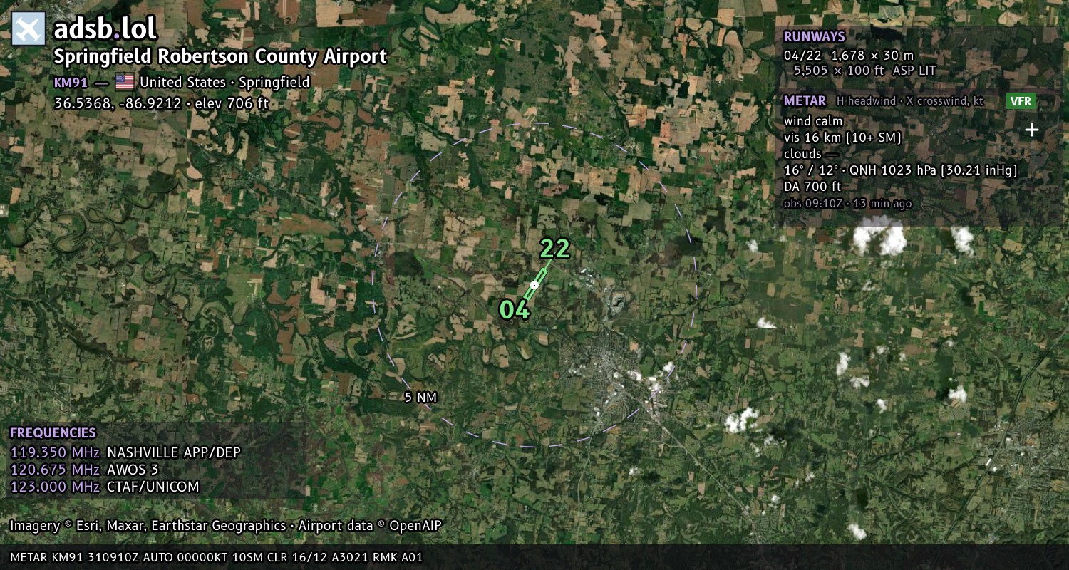 Satellite map with the runway layout of Springfield Robertson County Airport (KM91)