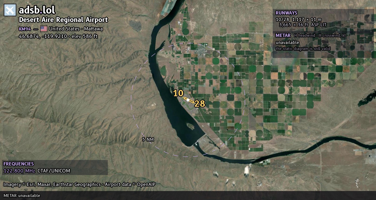 Satellite map with the runway layout of Desert Aire Regional Airport (KM94)
