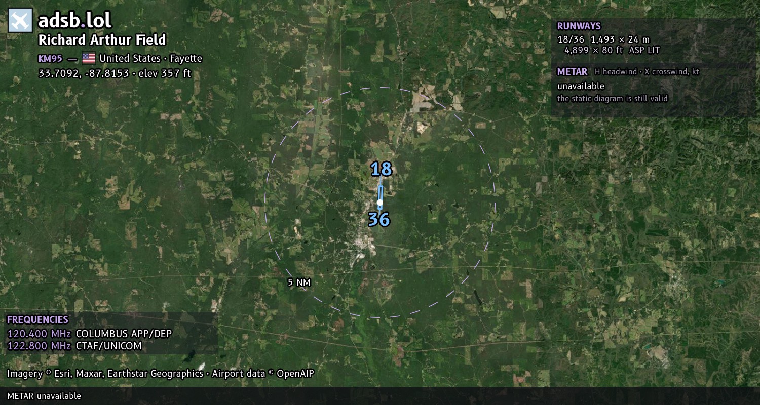 Satellite map with the runway layout of Richard Arthur Field (KM95)