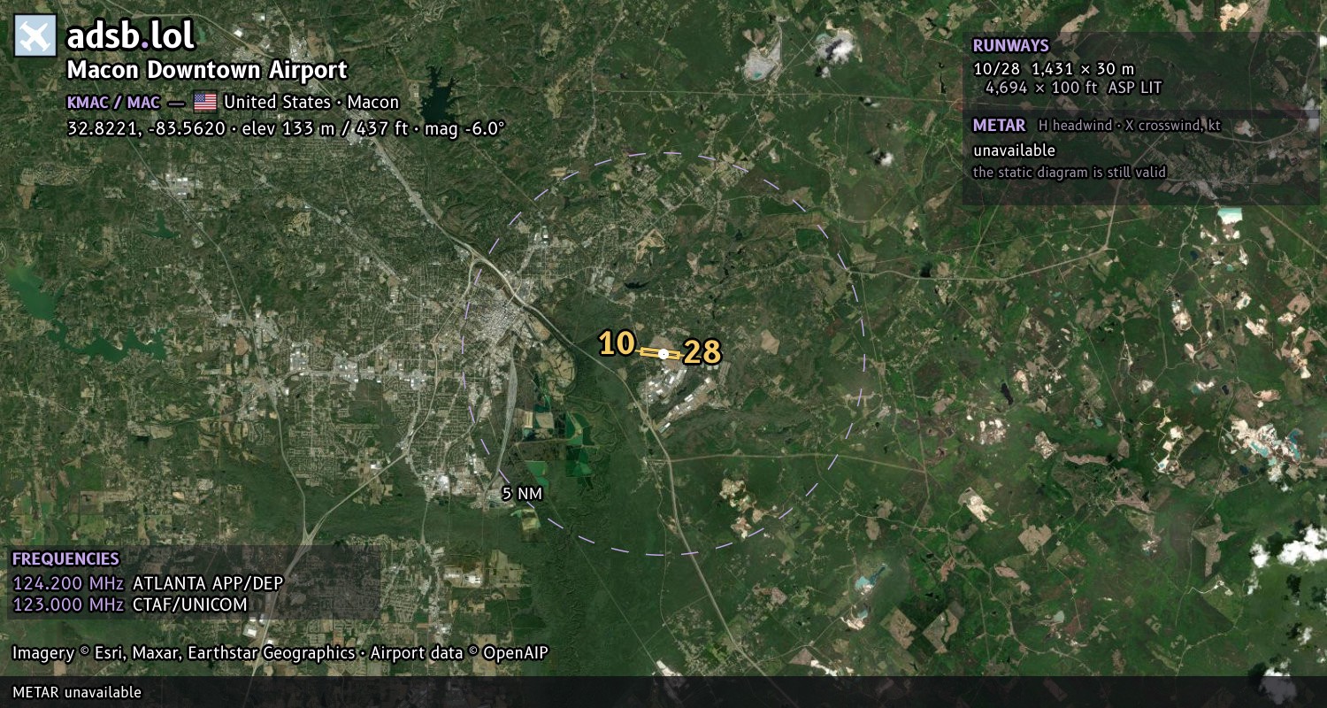 Satellite map with the runway layout of Macon Downtown Airport (KMAC)