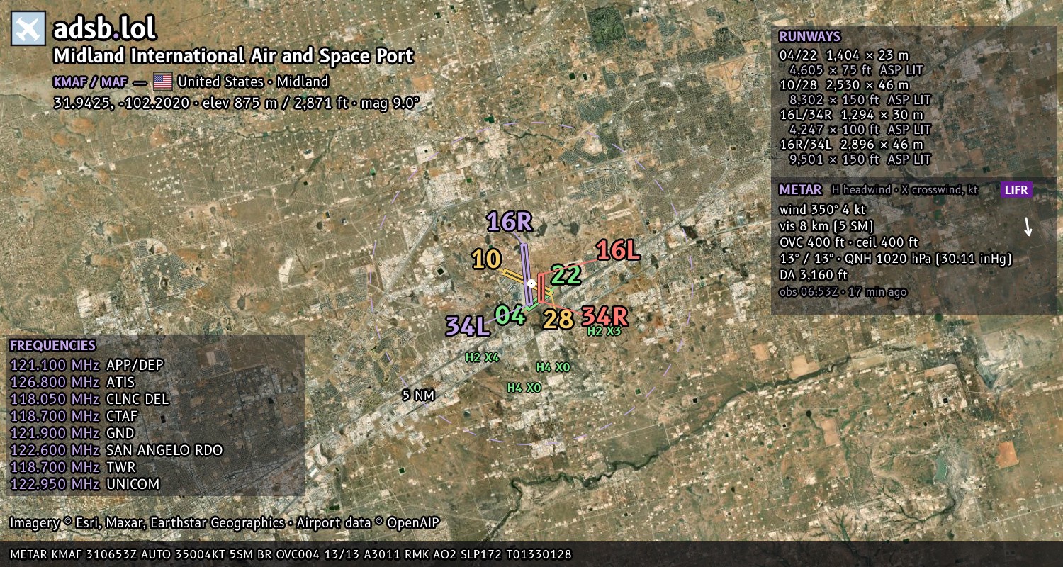 Satellite map with the runway layout of Midland International Air and Space Port (KMAF)