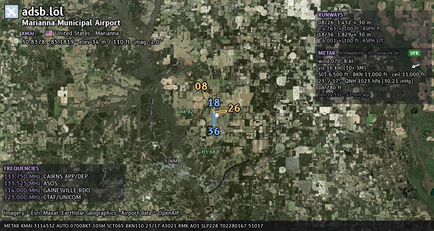 Satellite map with the runway layout of Marianna Municipal Airport (KMAI)