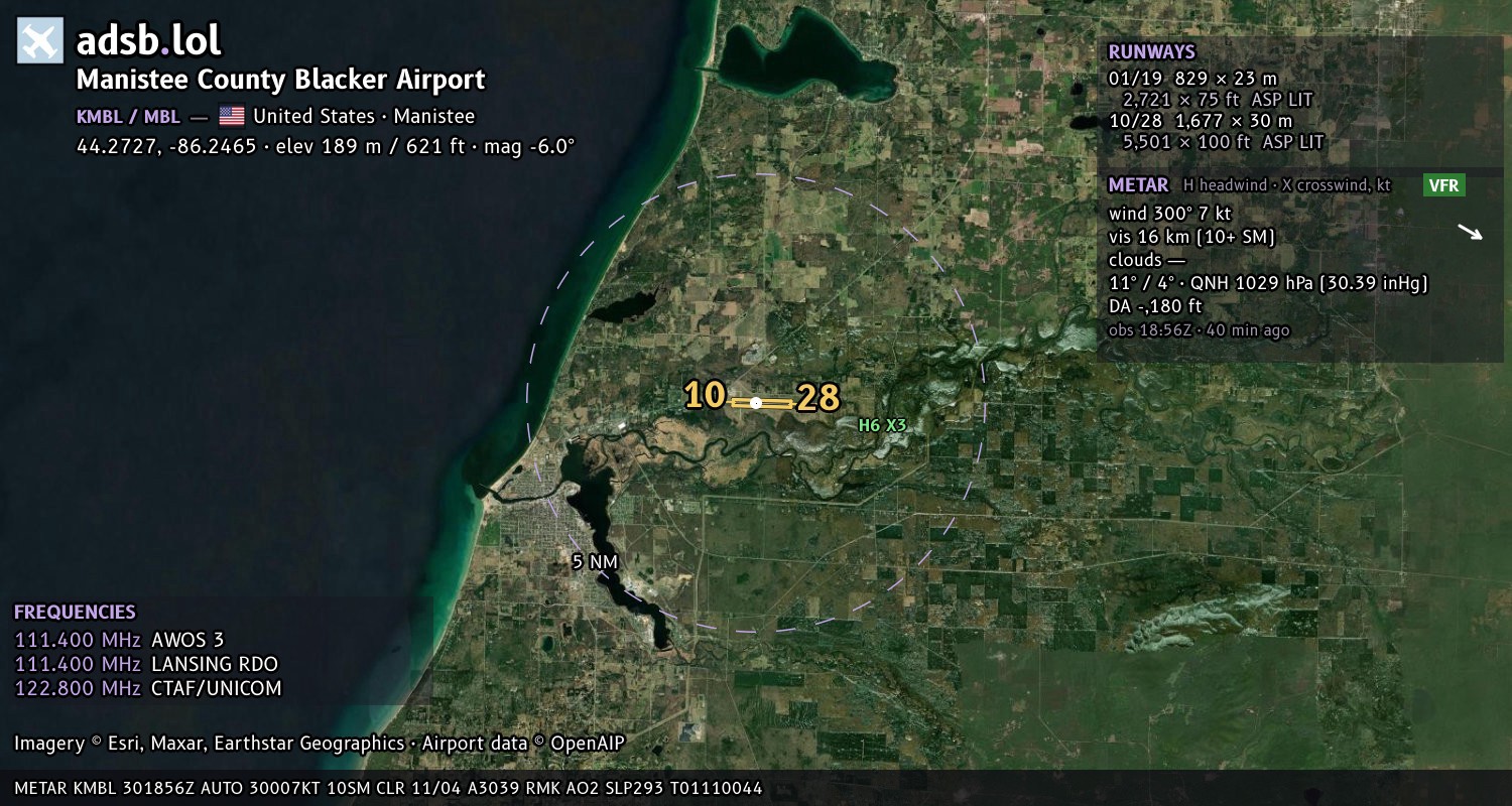 Satellite map with the runway layout of Manistee County Blacker Airport (KMBL)