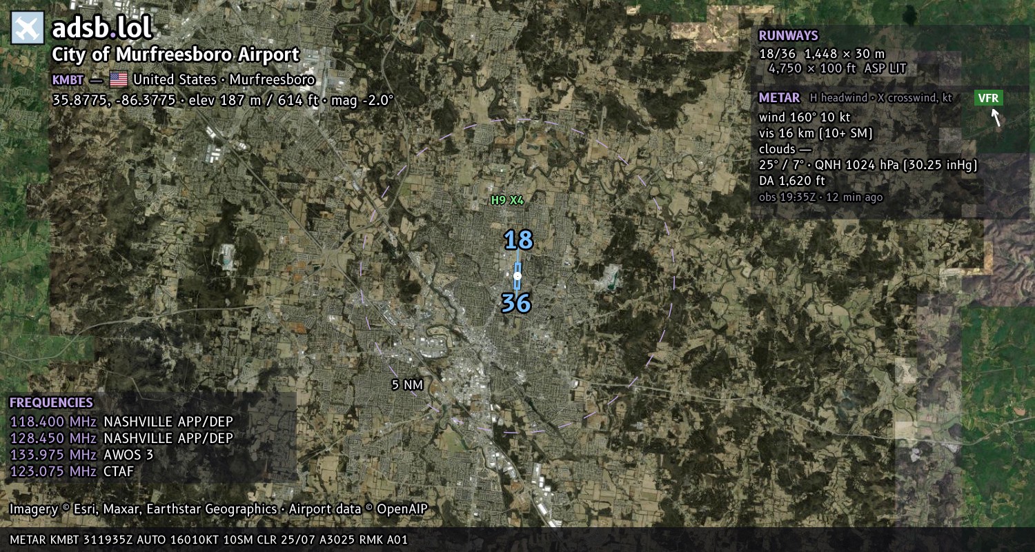 Satellite map with the runway layout of City of Murfreesboro Airport (KMBT)