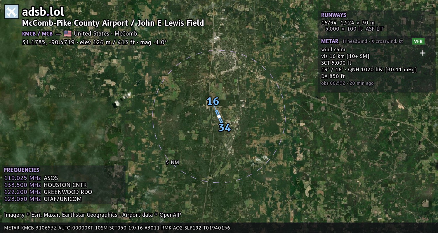 Satellite map with the runway layout of McComb-Pike County Airport / John E Lewis Field (KMCB)