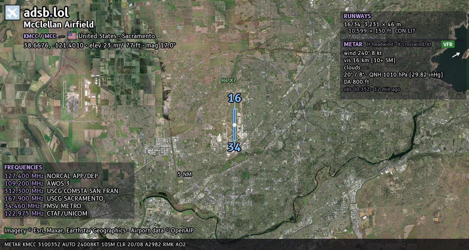 Satellite map with the runway layout of McClellan Airfield (KMCC)
