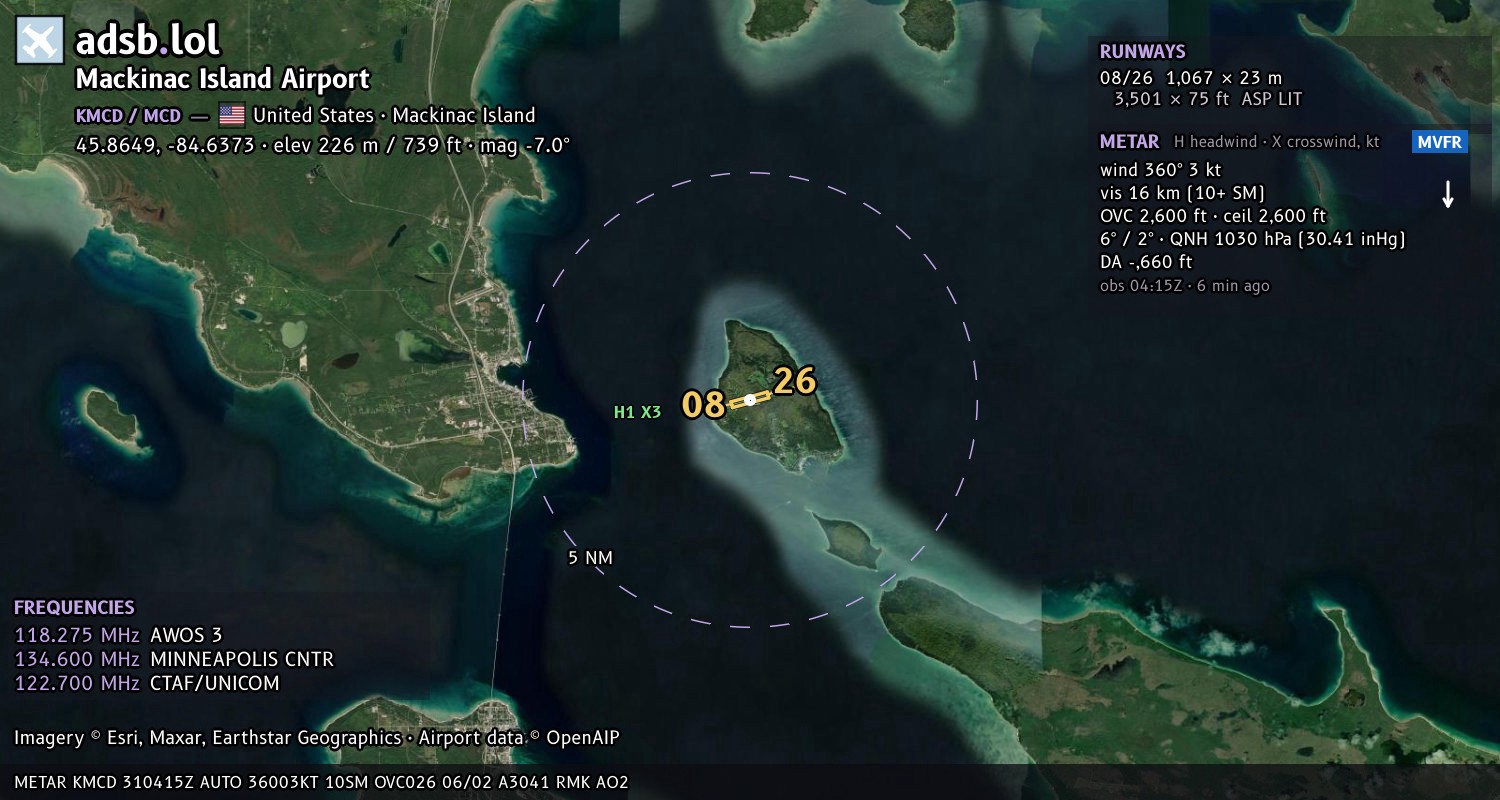 Satellite map with the runway layout of Mackinac Island Airport (KMCD)