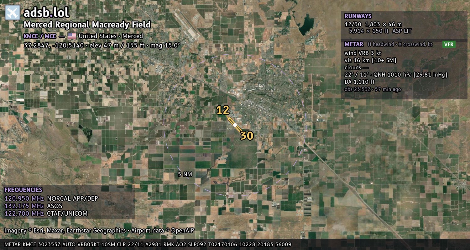 Satellite map with the runway layout of Merced Regional Macready Field (KMCE)