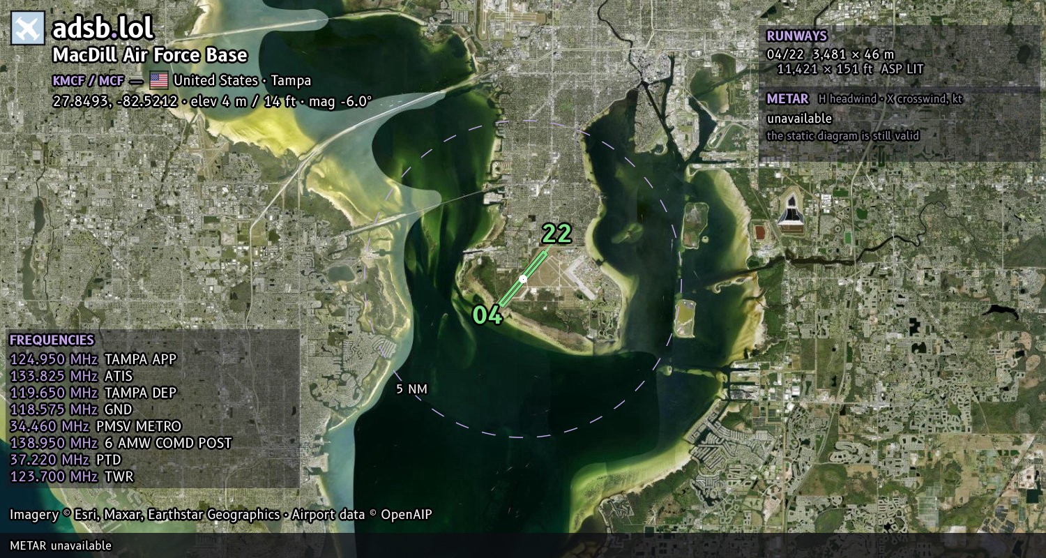 Satellite map with the runway layout of MacDill Air Force Base (KMCF)