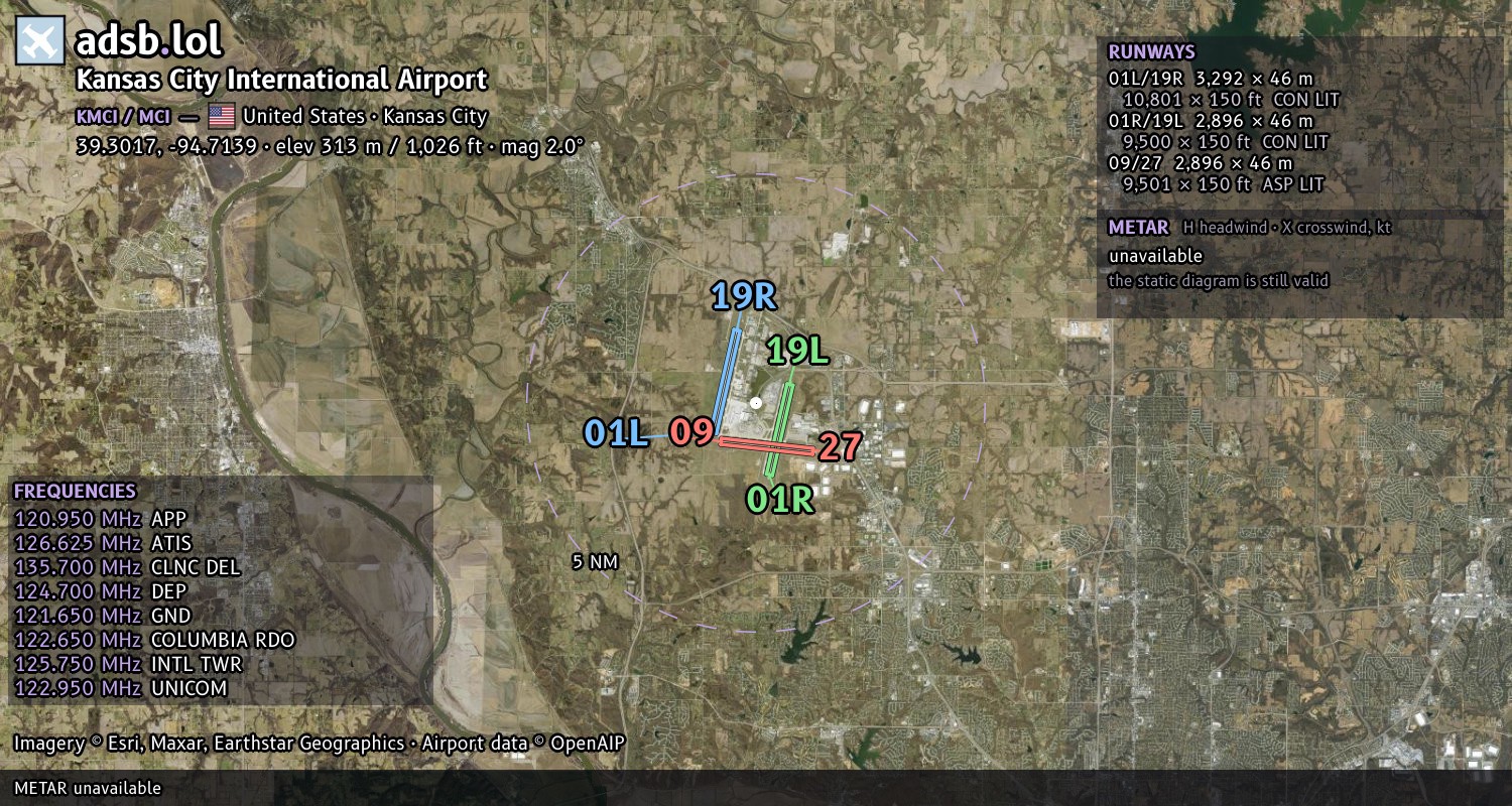 Satellite map with the runway layout of Kansas City International Airport (KMCI)