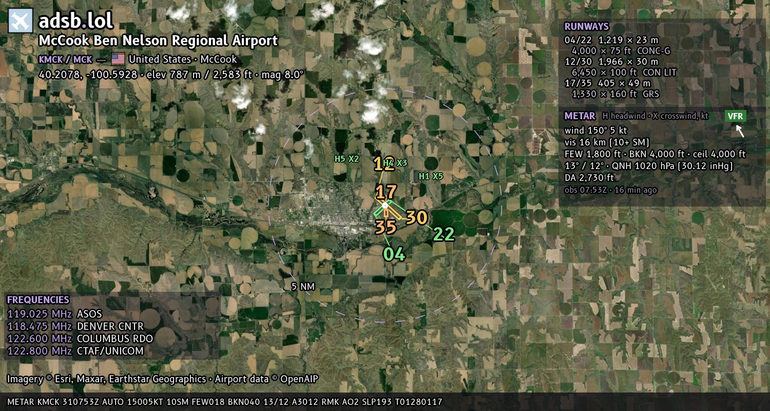 Satellite map with the runway layout of McCook Ben Nelson Regional Airport (KMCK)