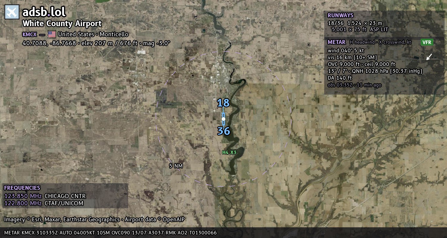Satellite map with the runway layout of White County Airport (KMCX)