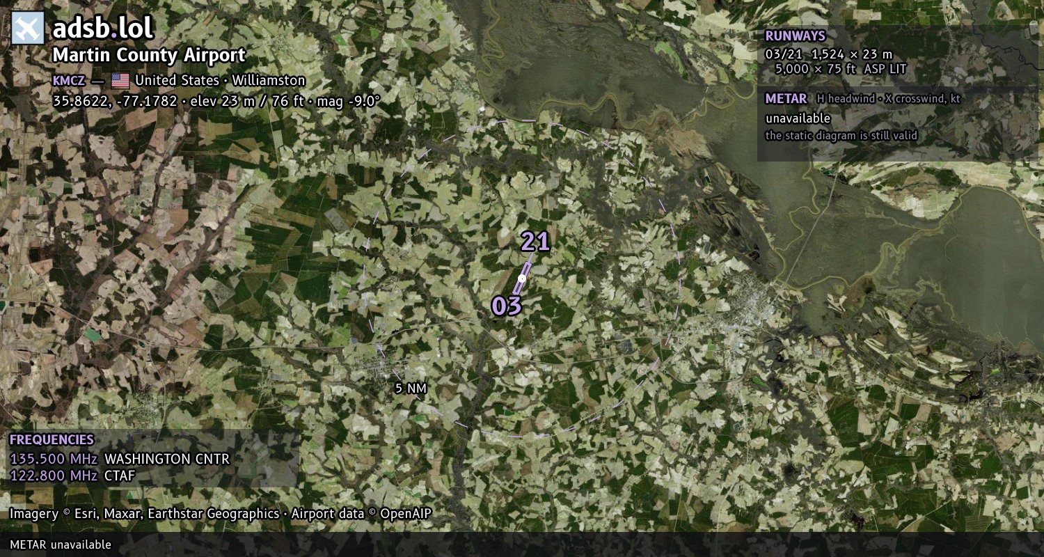 Satellite map with the runway layout of Martin County Airport (KMCZ)