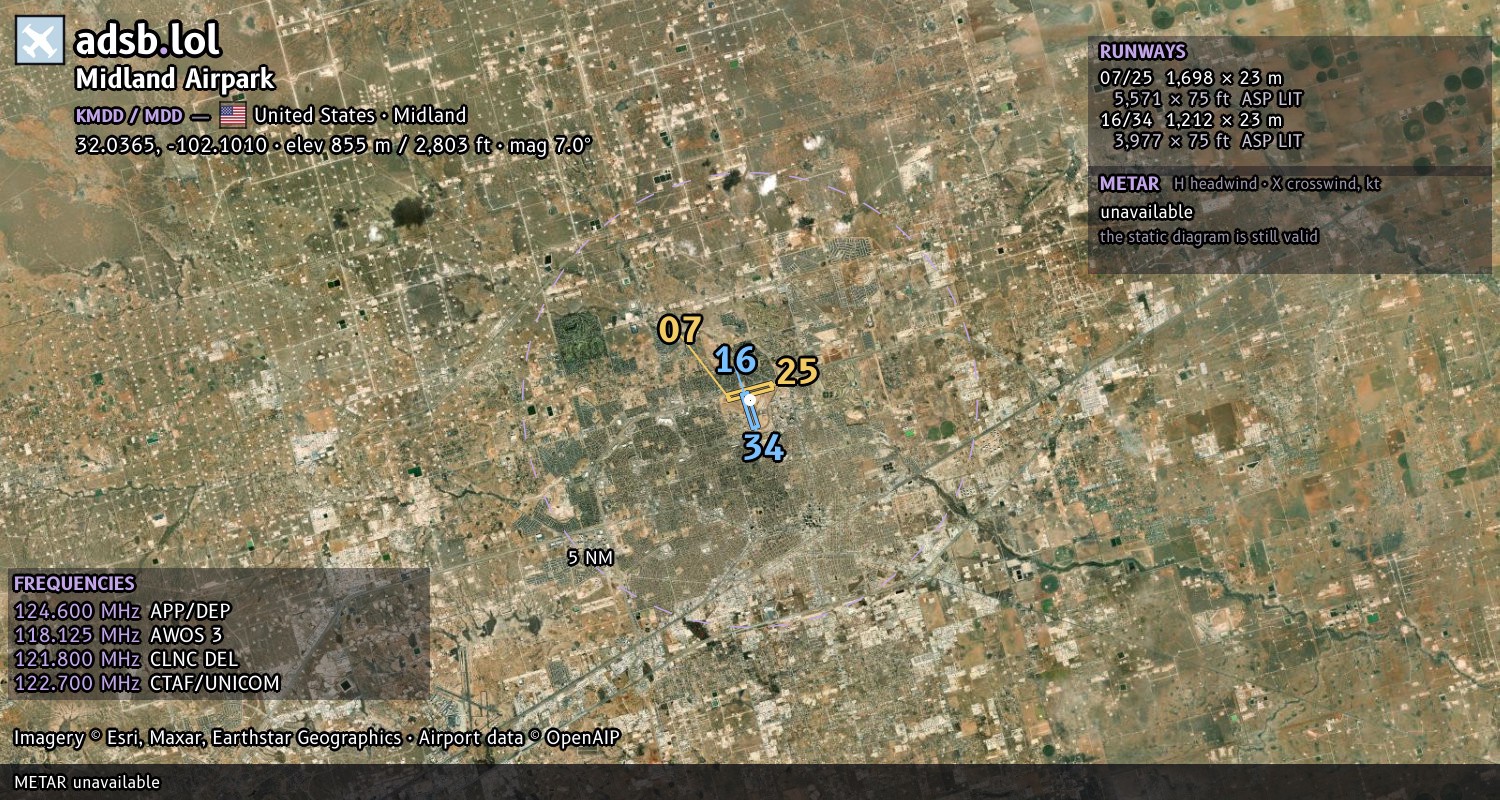 Satellite map with the runway layout of Midland Airpark (KMDD)