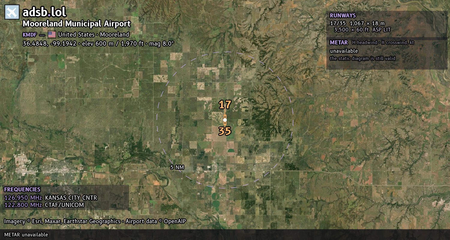 Satellite map with the runway layout of Mooreland Municipal Airport (KMDF)