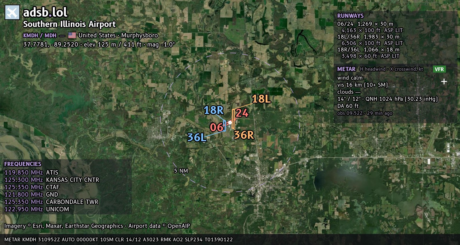 Satellite map with the runway layout of Southern Illinois Airport (KMDH)
