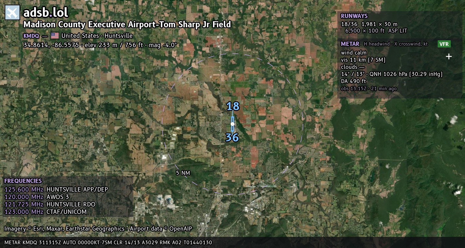 Satellite map with the runway layout of Madison County Executive Airport-Tom Sharp Jr Field (KMDQ)