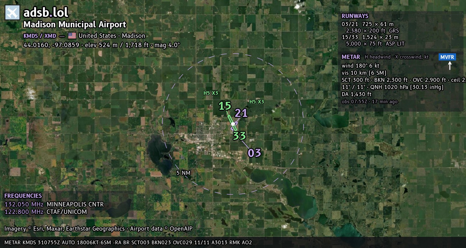 Satellite map with the runway layout of Madison Municipal Airport (KMDS)
