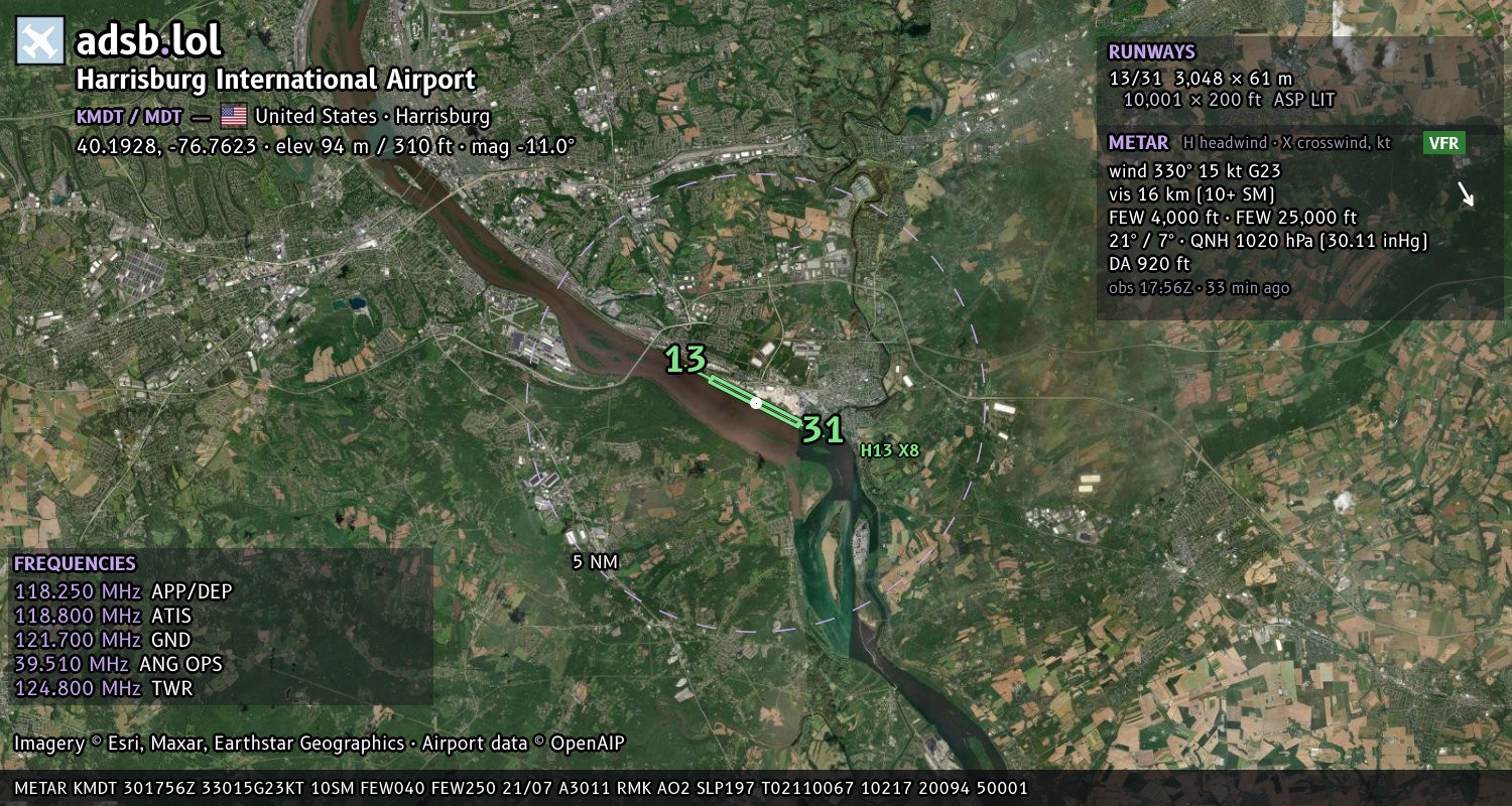 Satellite map with the runway layout of Harrisburg International Airport (KMDT)