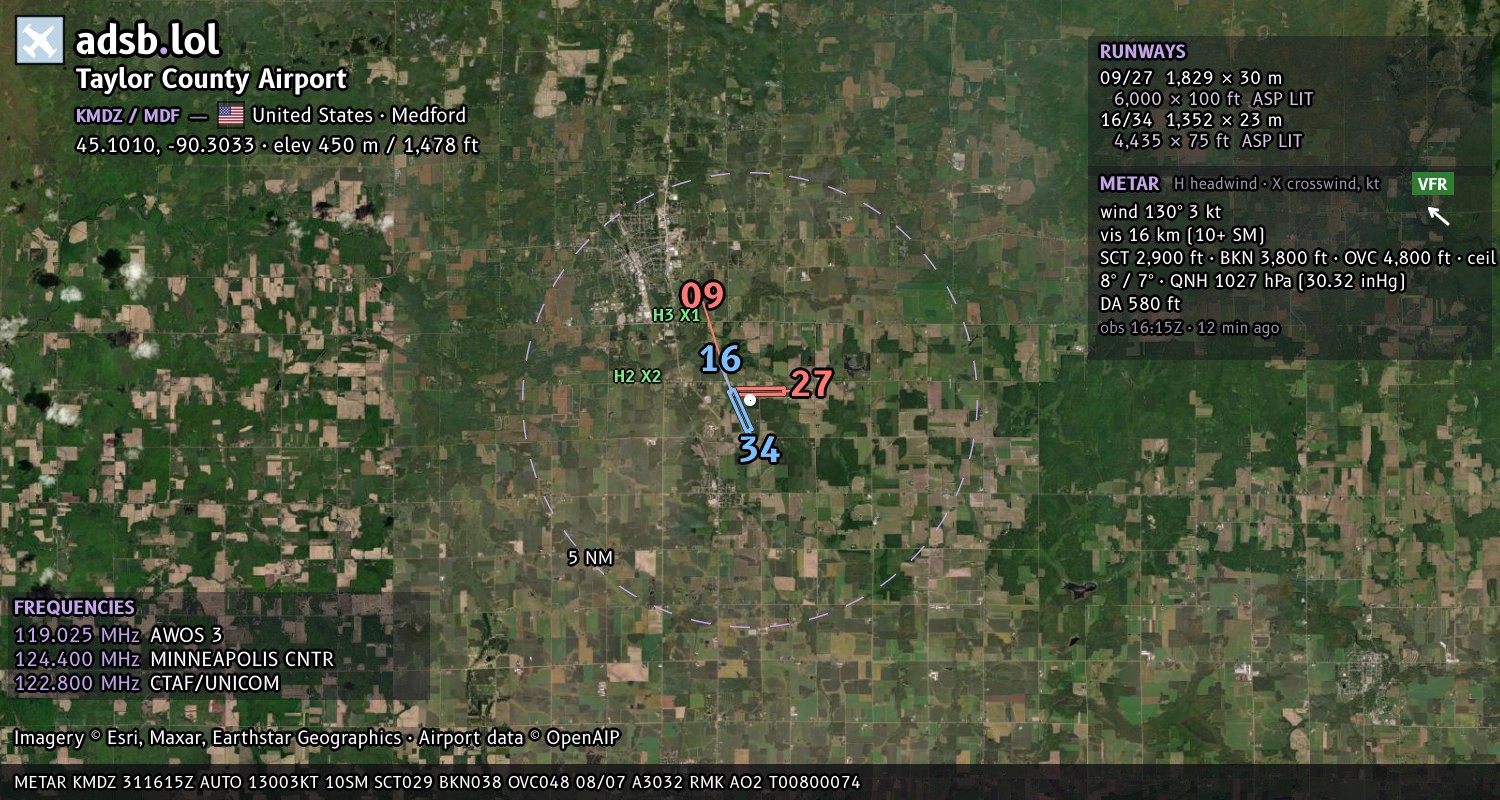Satellite map with the runway layout of Taylor County Airport (KMDZ)