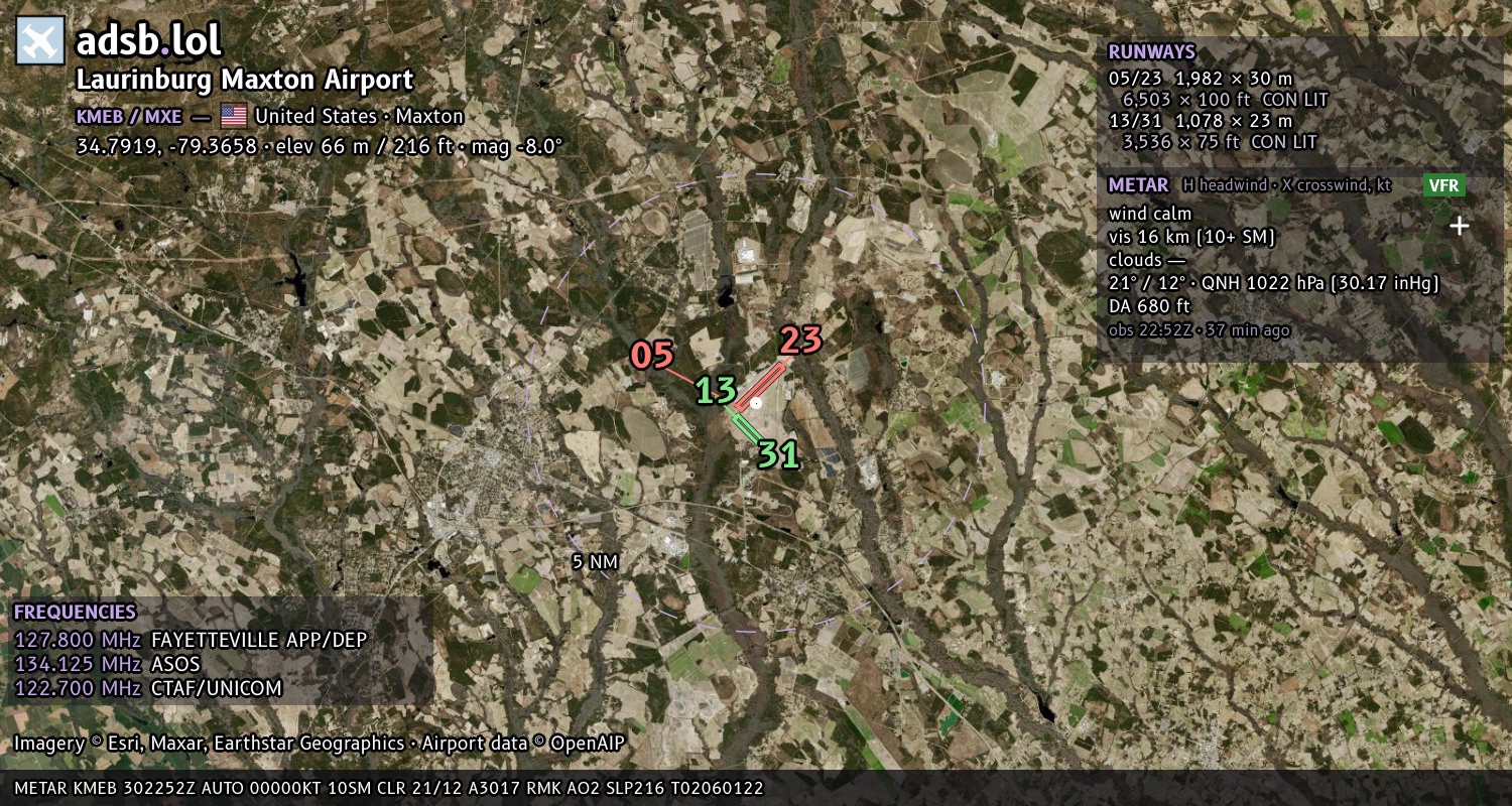 Satellite map with the runway layout of Laurinburg Maxton Airport (KMEB)