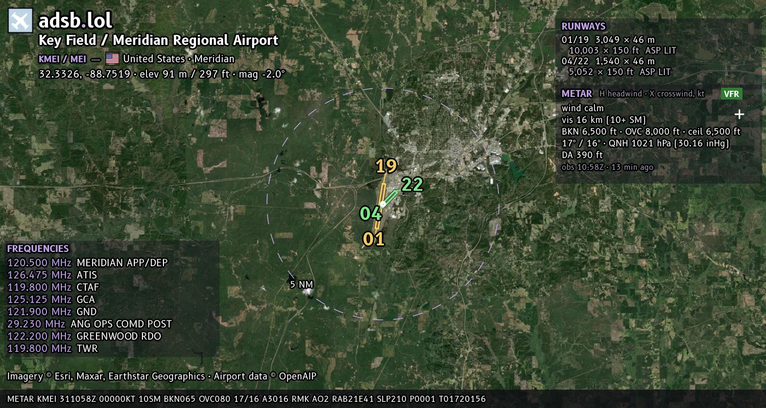 Satellite map with the runway layout of Key Field / Meridian Regional Airport (KMEI)