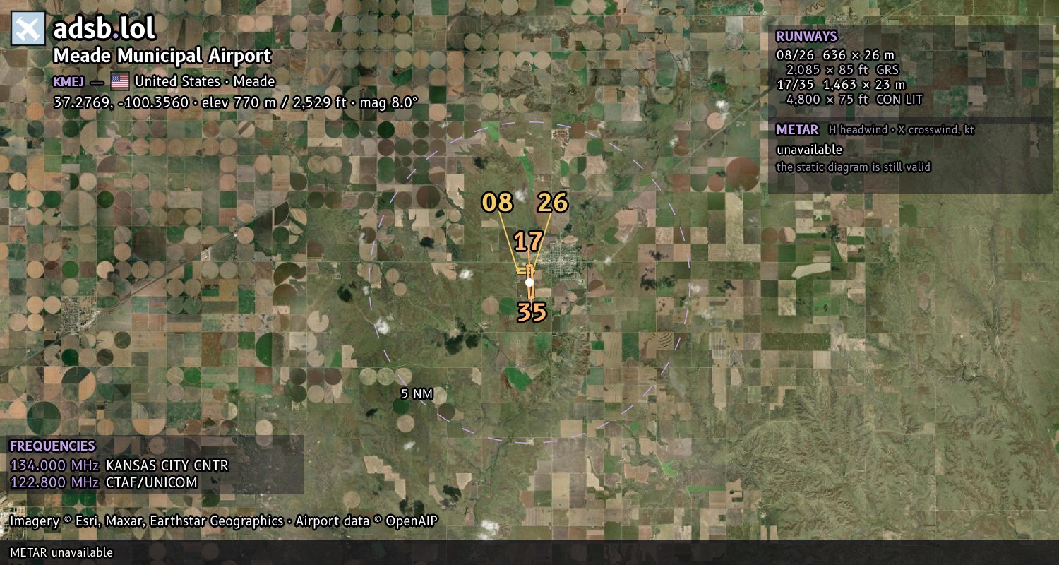 Satellite map with the runway layout of Meade Municipal Airport (KMEJ)