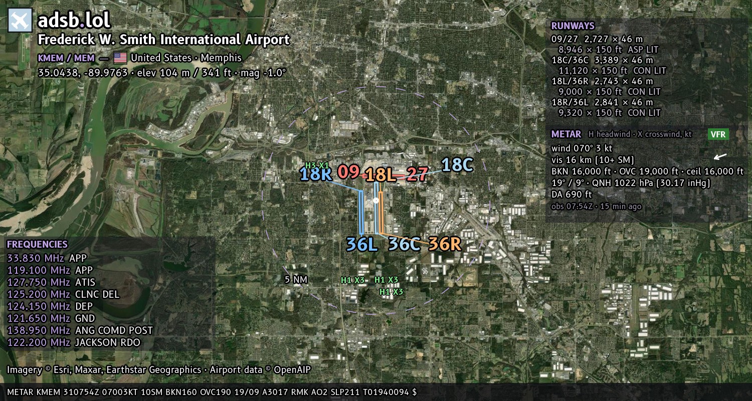 Satellite map with the runway layout of Frederick W. Smith International Airport (KMEM)