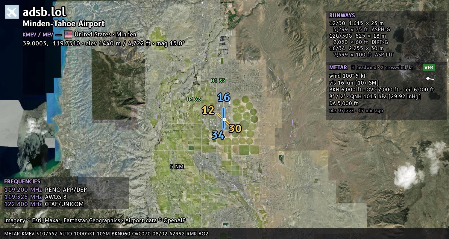 Satellite map with the runway layout of Minden-Tahoe Airport (KMEV)