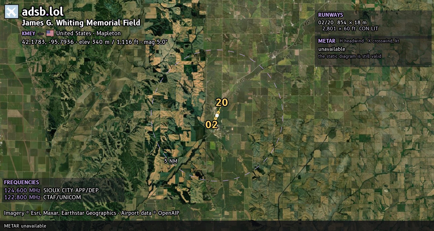 Satellite map with the runway layout of James G. Whiting Memorial Field (KMEY)