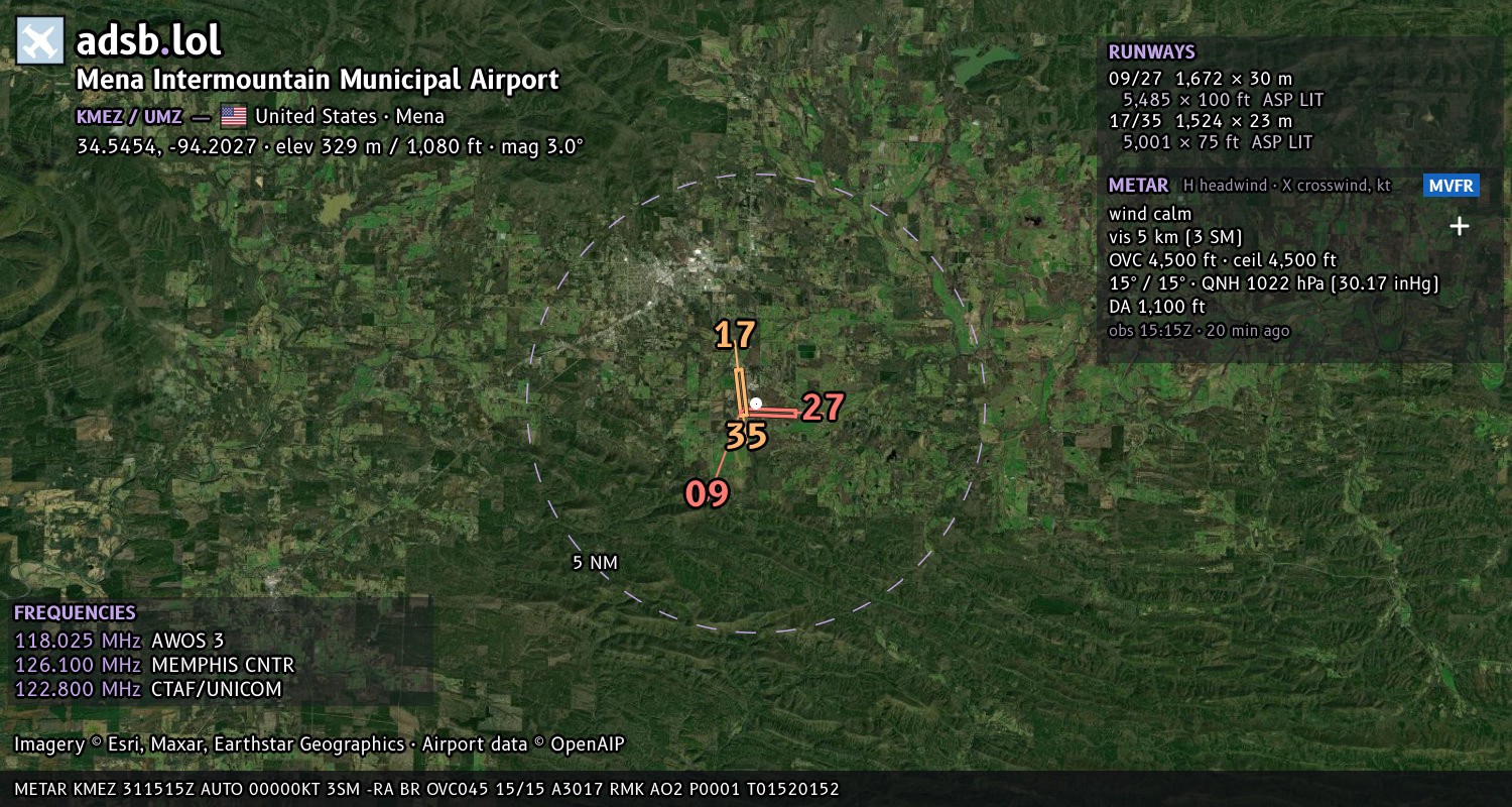 Satellite map with the runway layout of Mena Intermountain Municipal Airport (KMEZ)