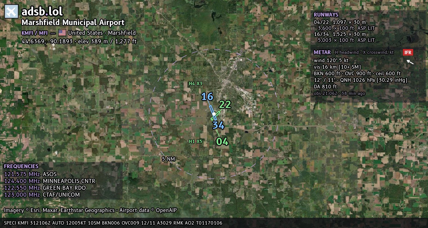 Satellite map with the runway layout of Marshfield Municipal Airport (KMFI)