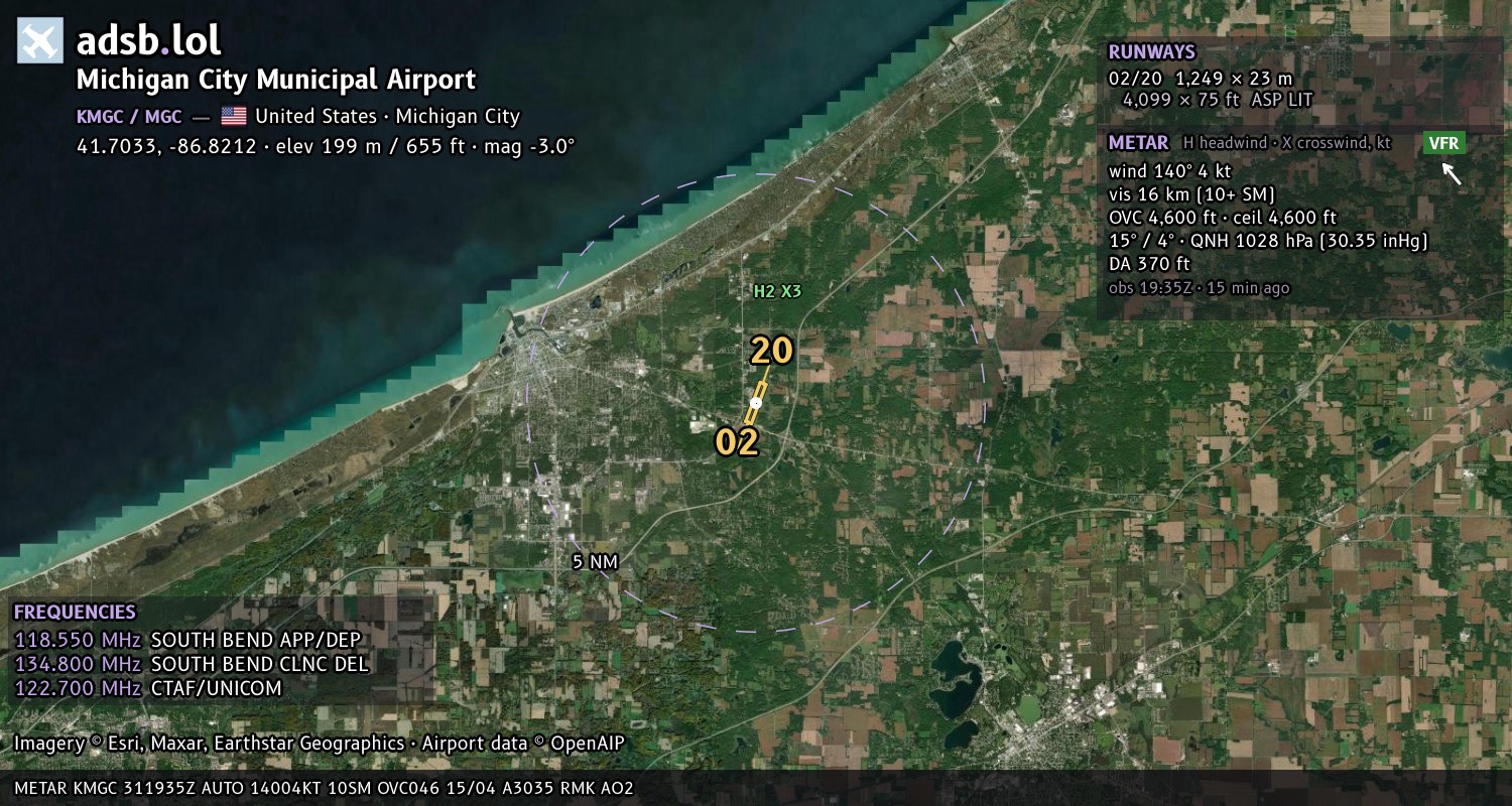 Satellite map with the runway layout of Michigan City Municipal Airport (KMGC)