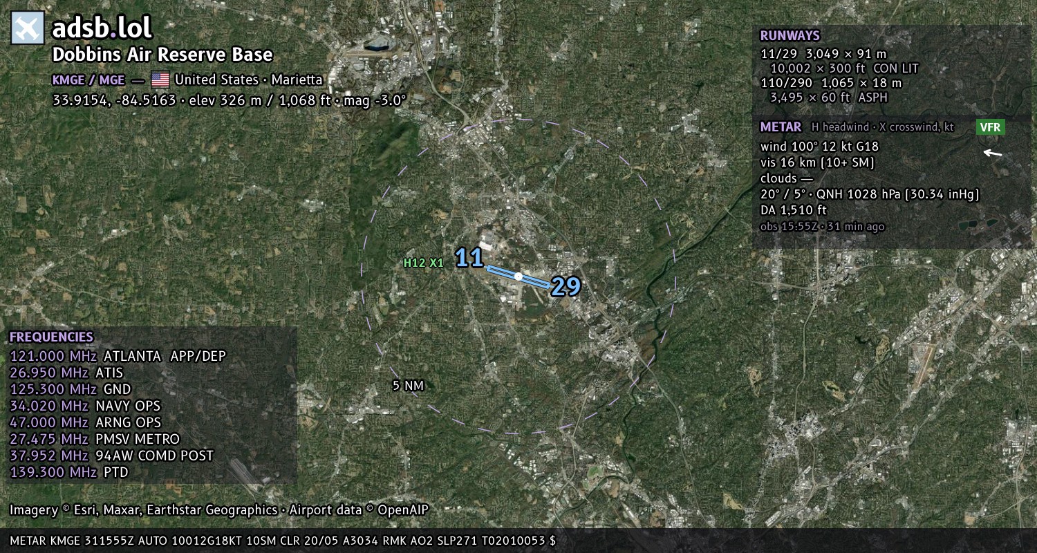 Satellite map with the runway layout of Dobbins Air Reserve Base (KMGE)