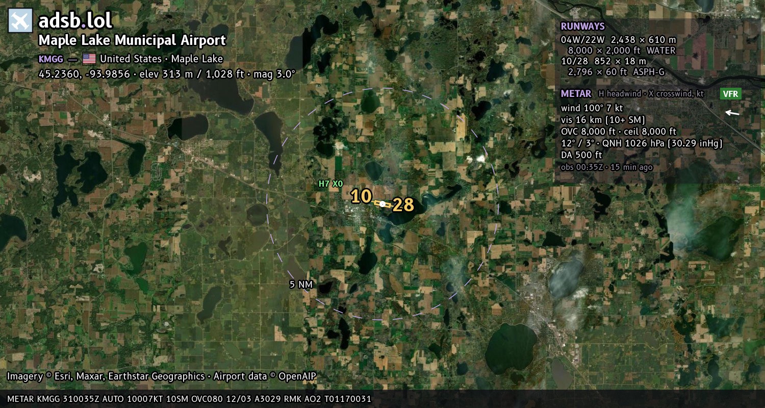 Satellite map with the runway layout of Maple Lake Municipal Airport (KMGG)