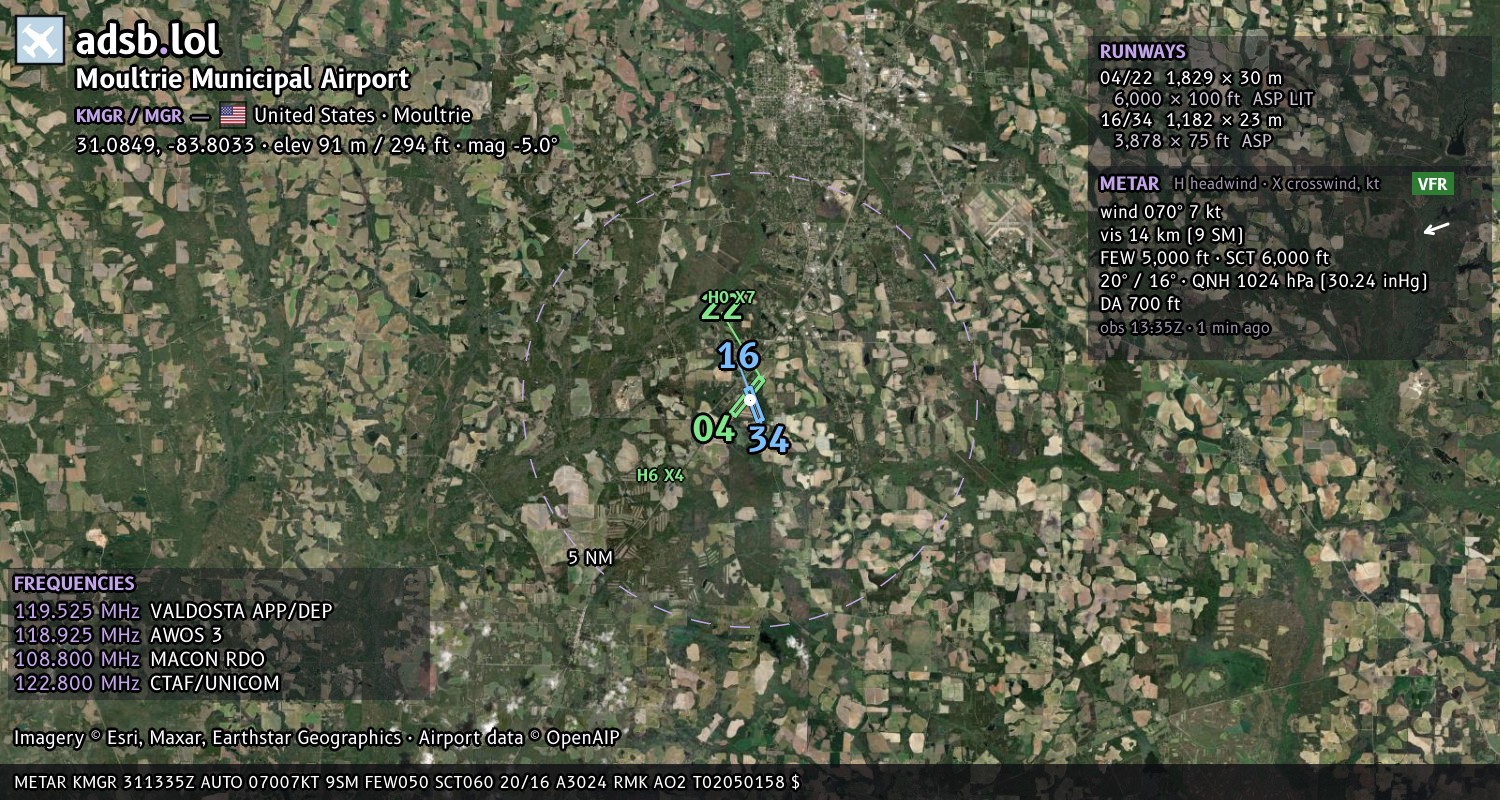 Satellite map with the runway layout of Moultrie Municipal Airport (KMGR)