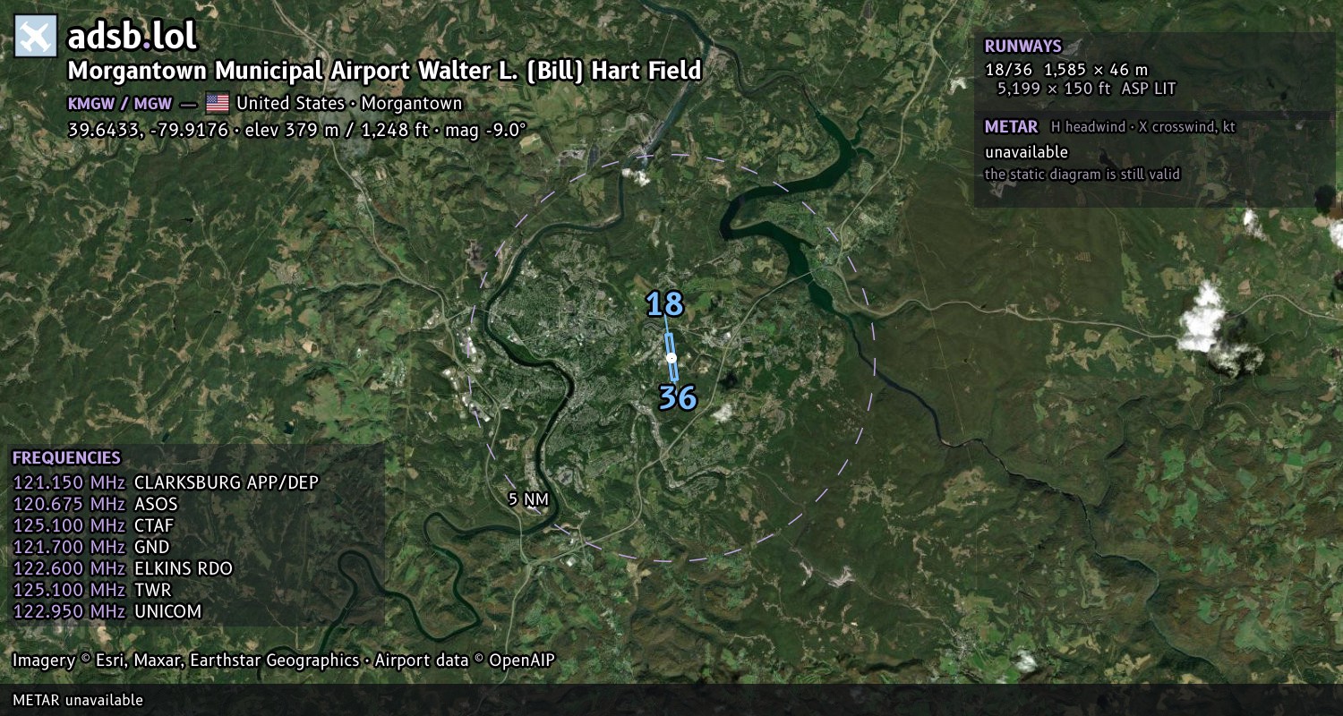 Satellite map with the runway layout of Morgantown Municipal Airport Walter L. (Bill) Hart Field (KMGW)