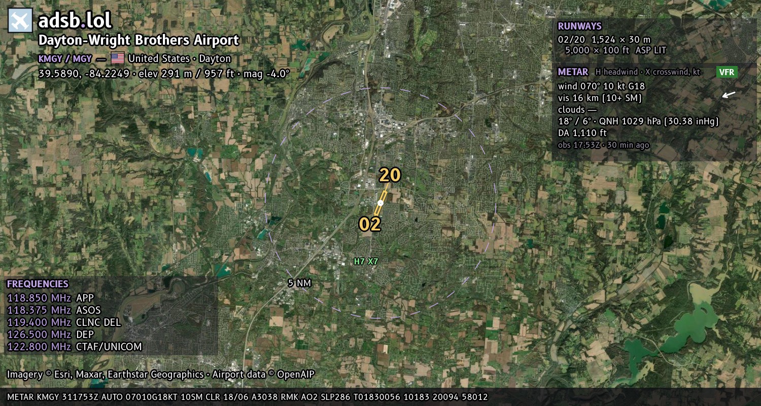 Satellite map with the runway layout of Dayton-Wright Brothers Airport (KMGY)